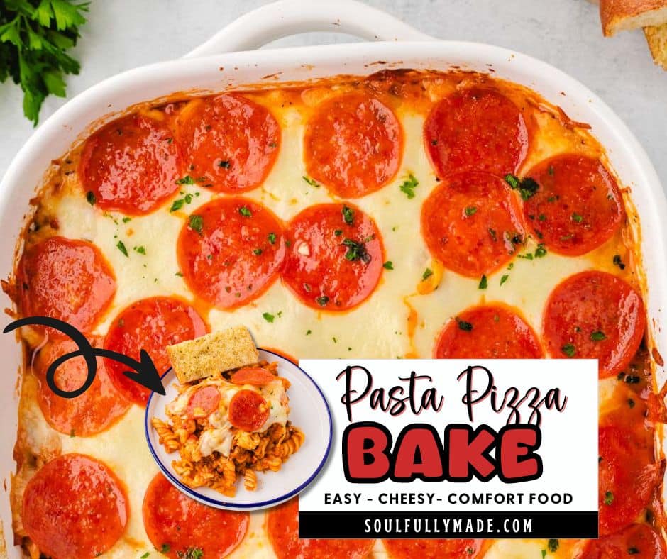 An overhead shot of half the pizza pasta bake with a featured image of a serving on a plate.