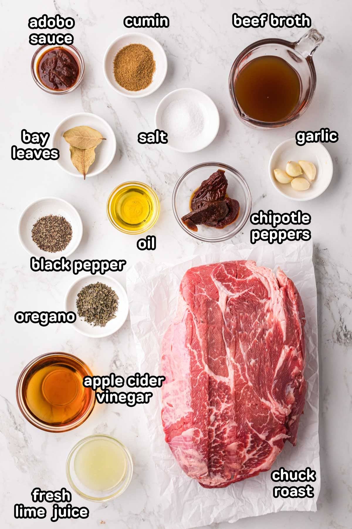 Labeled ingredients needed to make beef Barbacoa recipe.