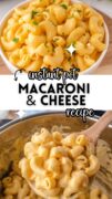 A two image collage of the instant pot macaroni and cheese recipe with a bowl up top and the bottom is in the instant pot being scooped with a wooden spoon.