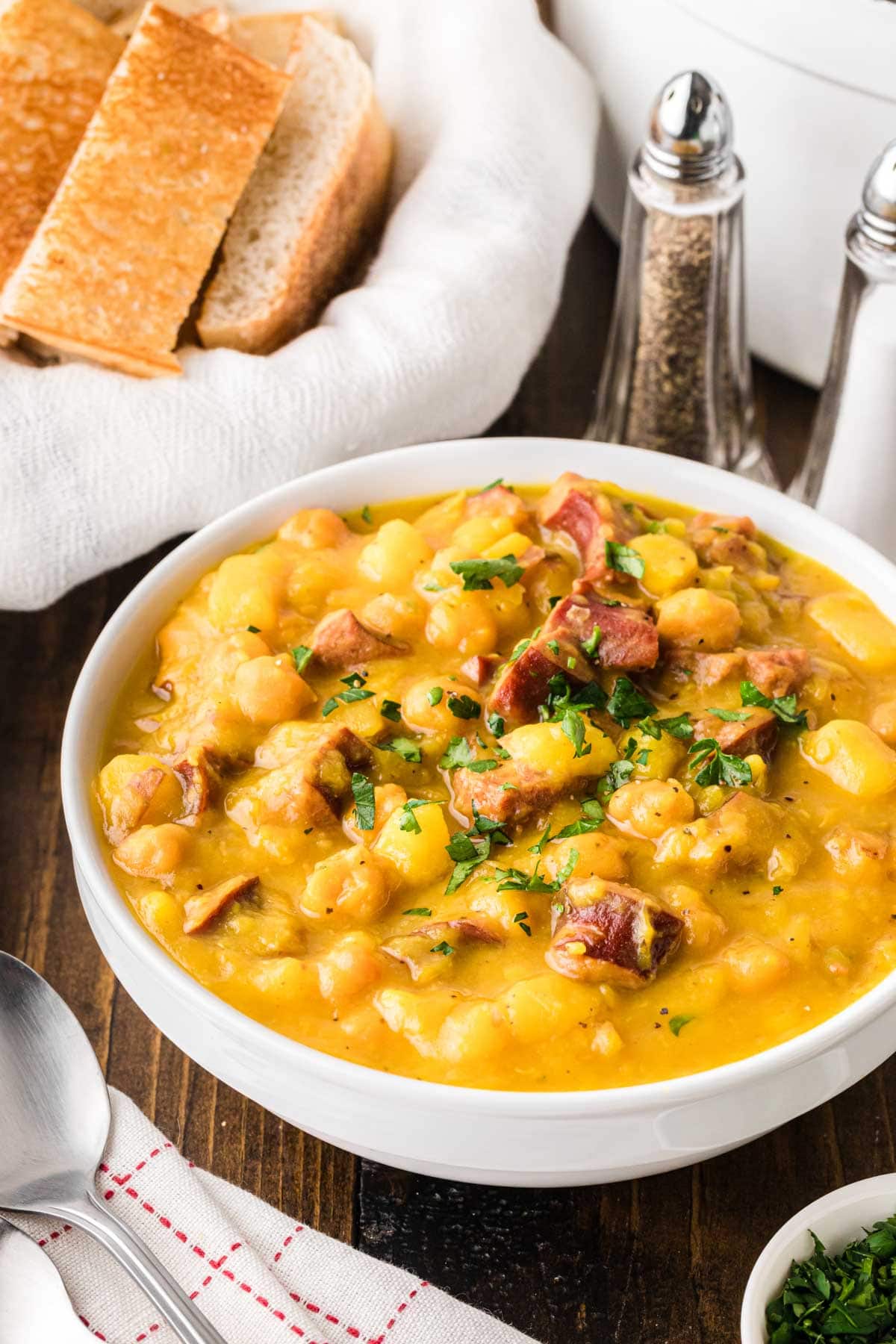 A bowl of spanish bean soup.