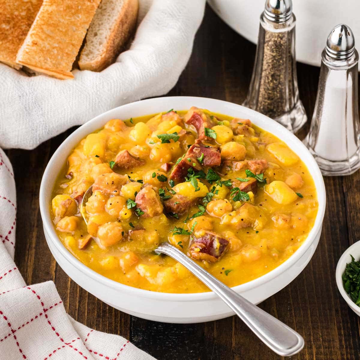 A bowl of spanish bean soup.