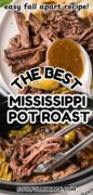 The Best Mississippi Pot Roast Recipe with shredded beef and peppers in a 2 image collage.