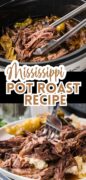 A 2 image collage for Mississippi Pot Roast Recipe with shredded beef and peppers.