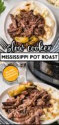 Slow Cooker Mississippi Pot Roast Recipe with shredded beef and peppers.