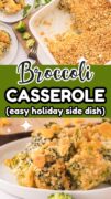 Broccoli Casserole 2 image collage where the top is in a white baking dish topped with Ritz crackers and the bottom image is a serving plated..