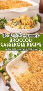 The Best Homemade Broccoli Casserole in a white baking dish topped with Ritz crackers.