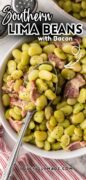 Southern Lima Beans are pictured with a red and white tea towel and a spoon to serve.