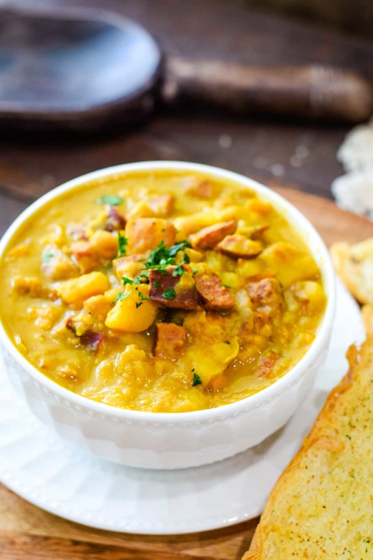 an overhead view of this spanish bean soup aka garbanzo bean soup recipe