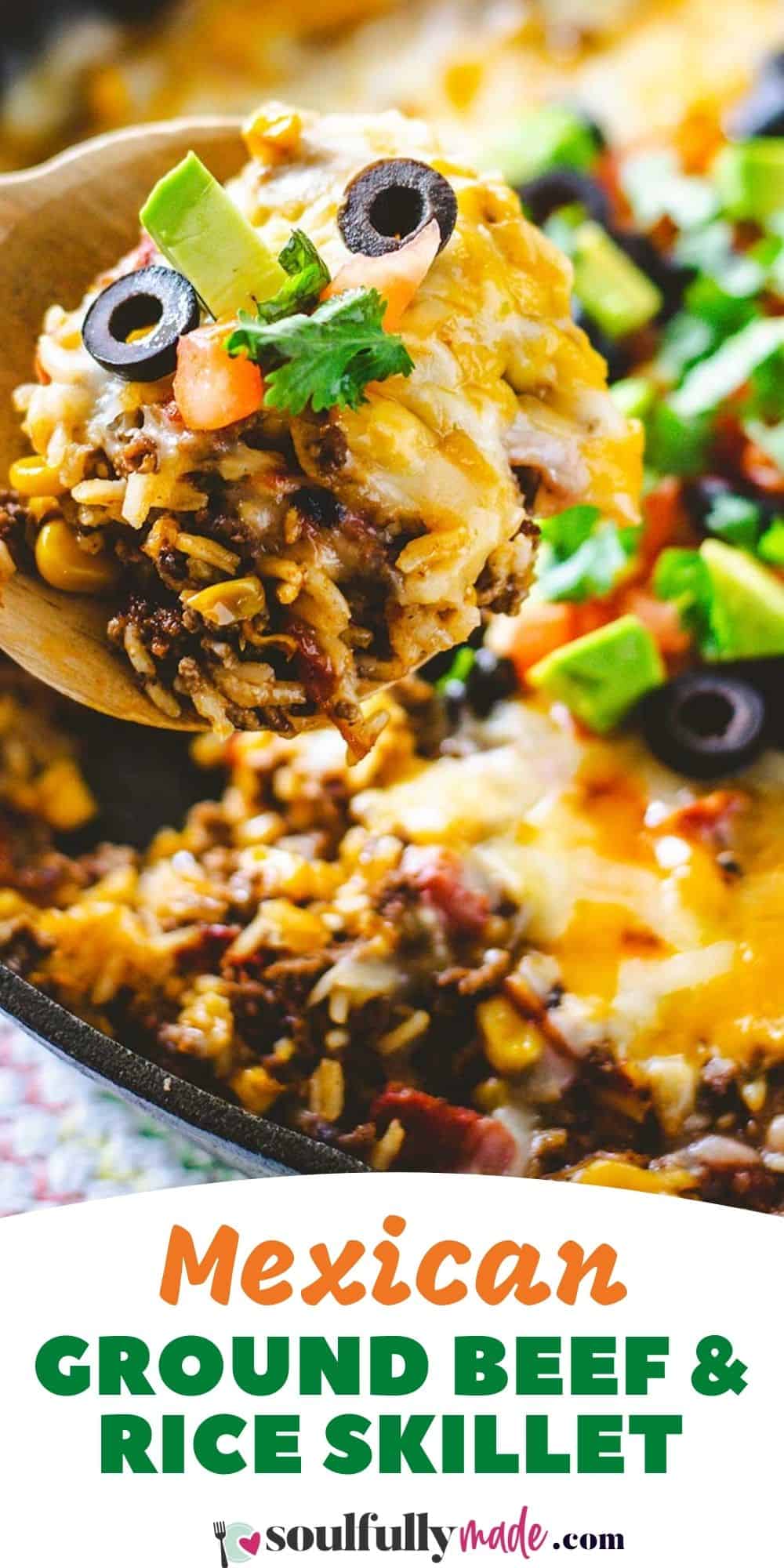 Pinterest image of cast iron skillet filled with mexican rice dinner.