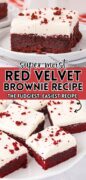 A 2 image collage featuring a closeup shot of the red velvet brownies on top and a plate full on the bottom image.