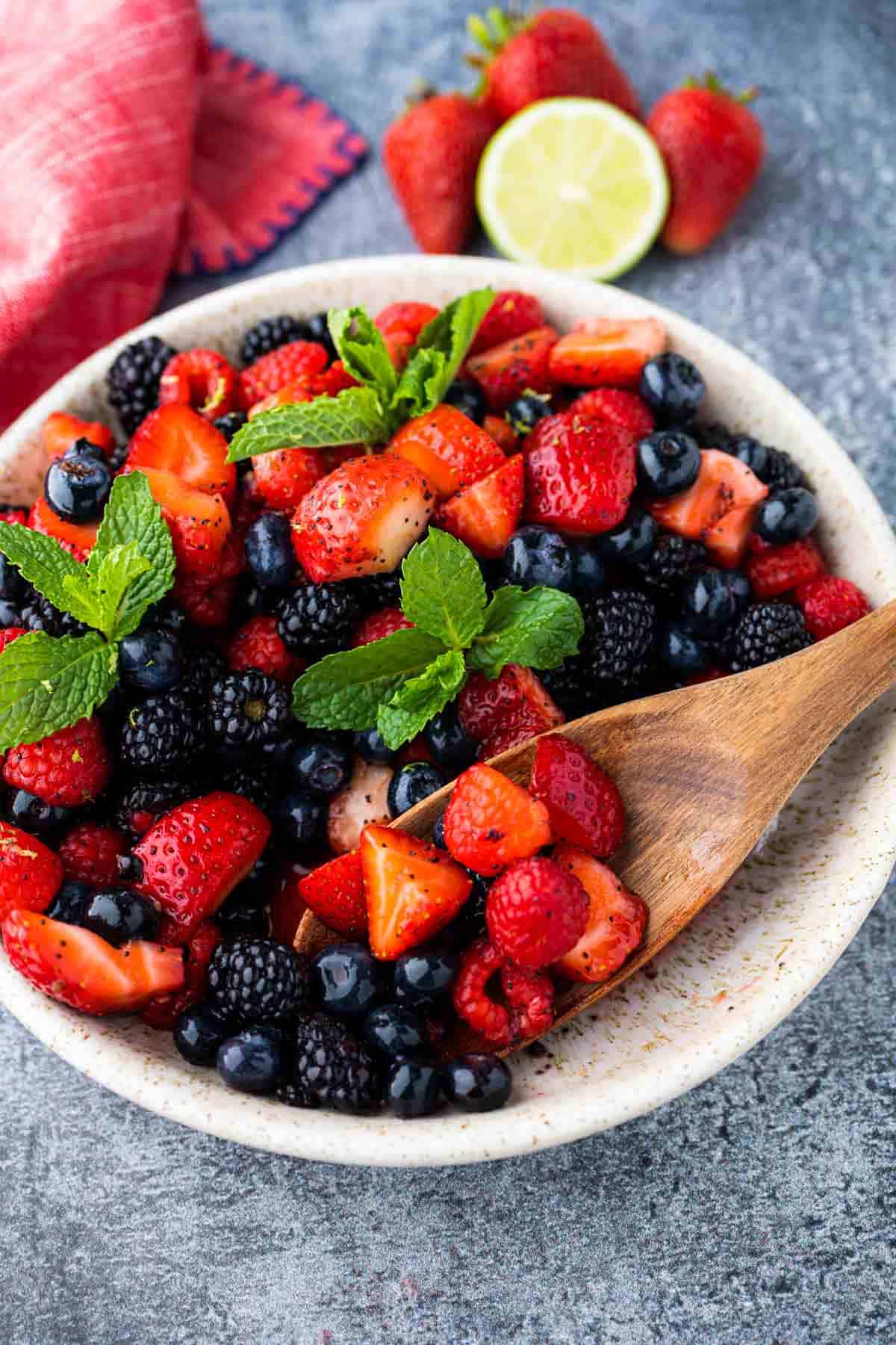 Summer Fruit Salad (With Honey Basil Dressing) - Meals with Maggie