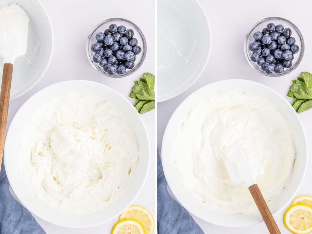 Collage image showing steps to fold whipped cream into cheesecake mixture.