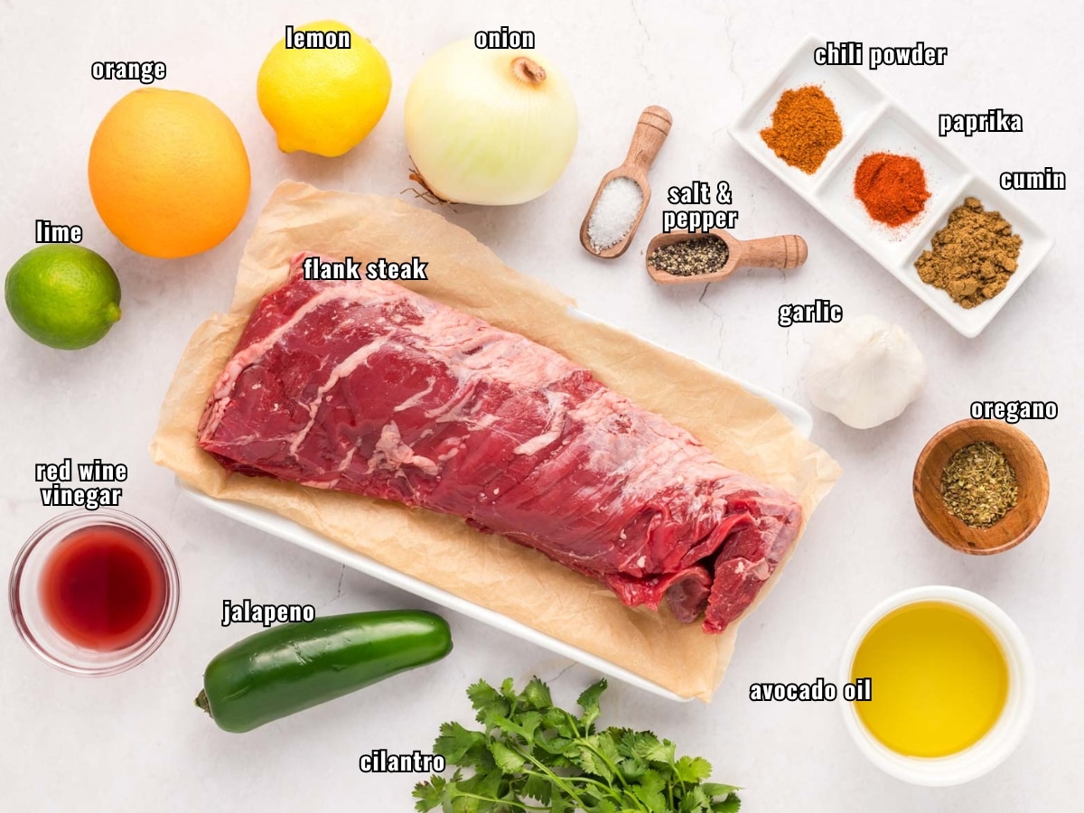 A labeled image with ingredients to make a carne asada steak marinade.