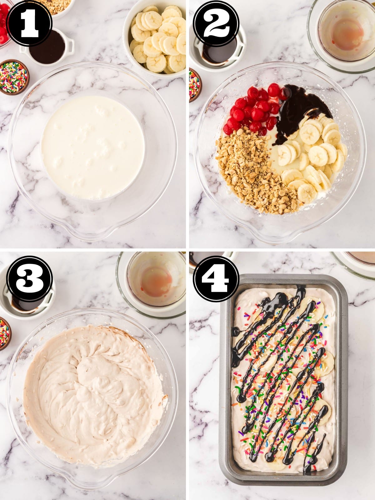 A collage image showing process steps to make no-churn banana split ice cream; a bowl of whipped heaven cream, adding ingredients and then folding into whipped cream, and finally placing in a loaf pan to freeze.