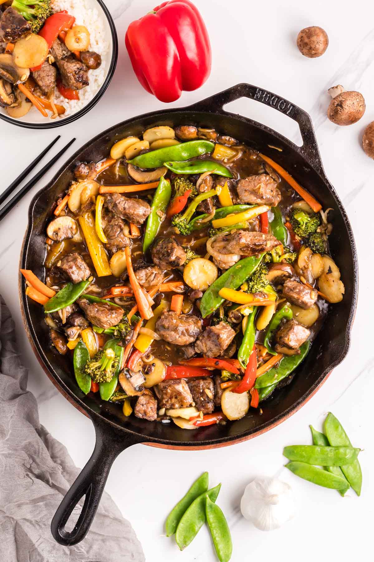 Asian Beef Chopped Suey in a cast iron skillet.