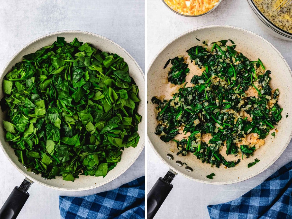 Spinach added to a pan and sautéd.