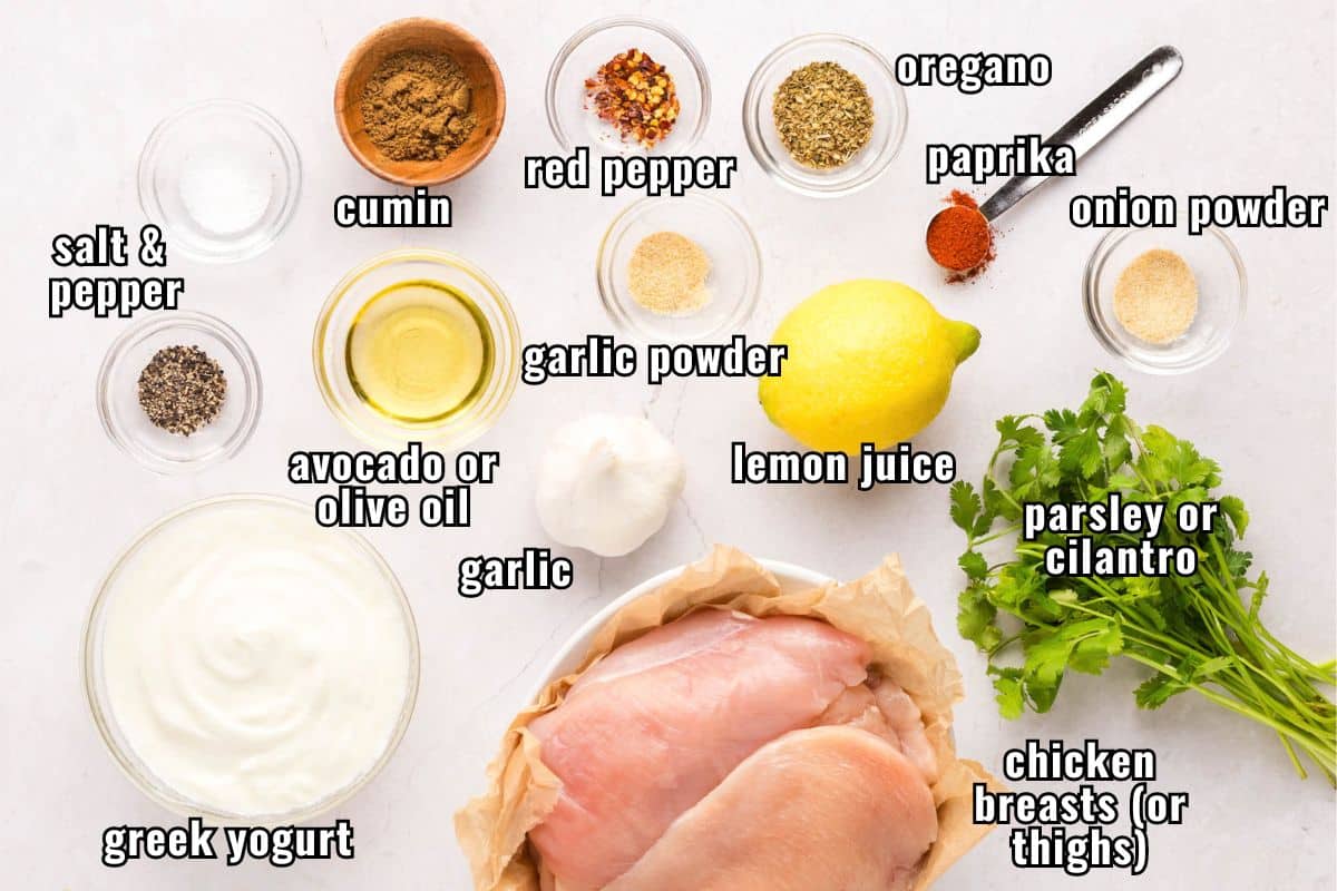 Labeled ingredients needed to make greek chicken made with yogurt marinade.