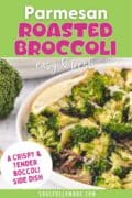 A white serving bowl is in a partial view filled with parmesan broccoli and garnished with a lemon wedge.