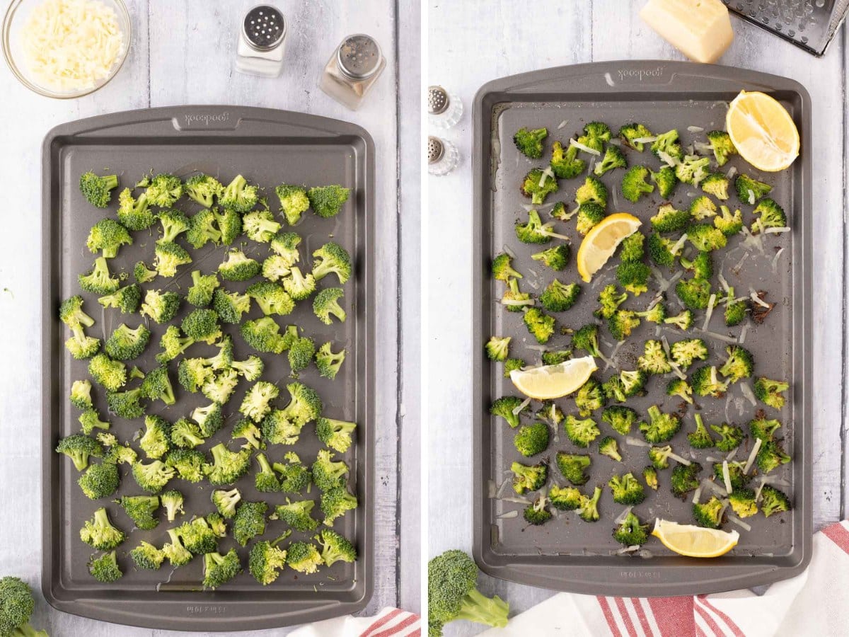 A sheet pan with raw broccoli and then after it has been roasted.