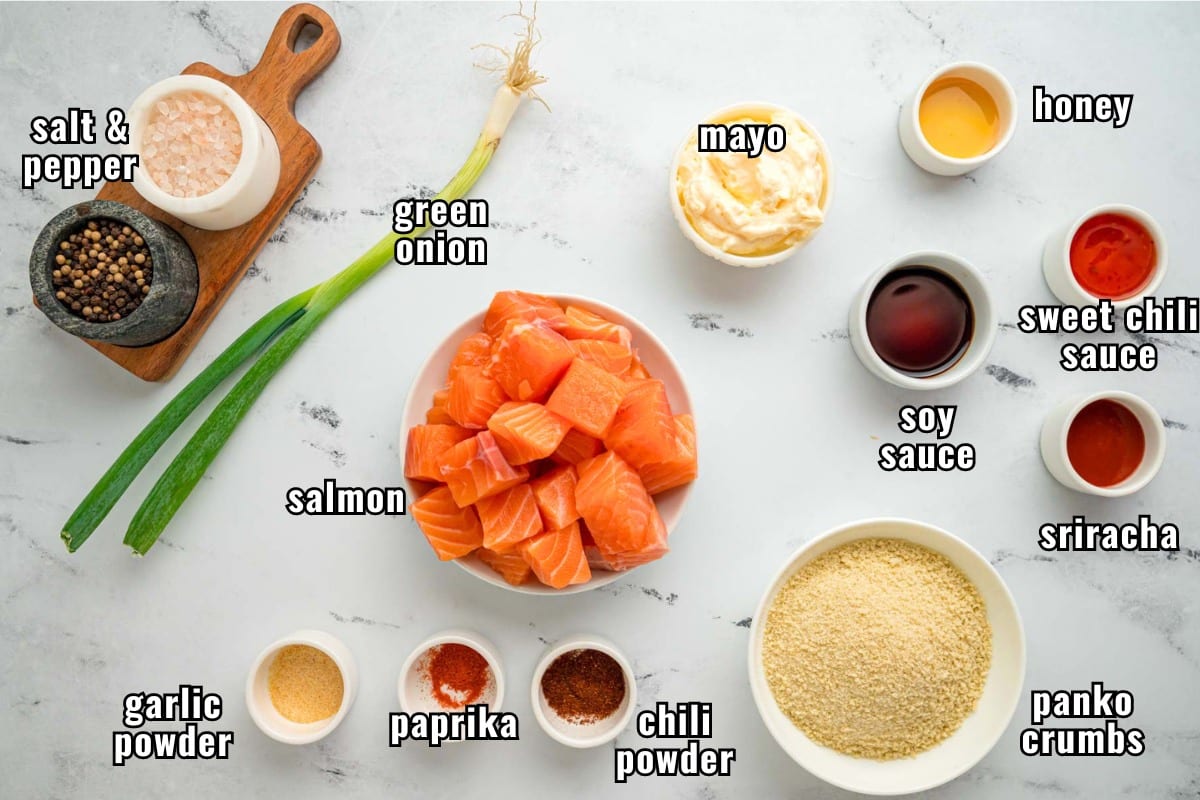 Labeled ingredients needed to make salmon bites in the air fryer.