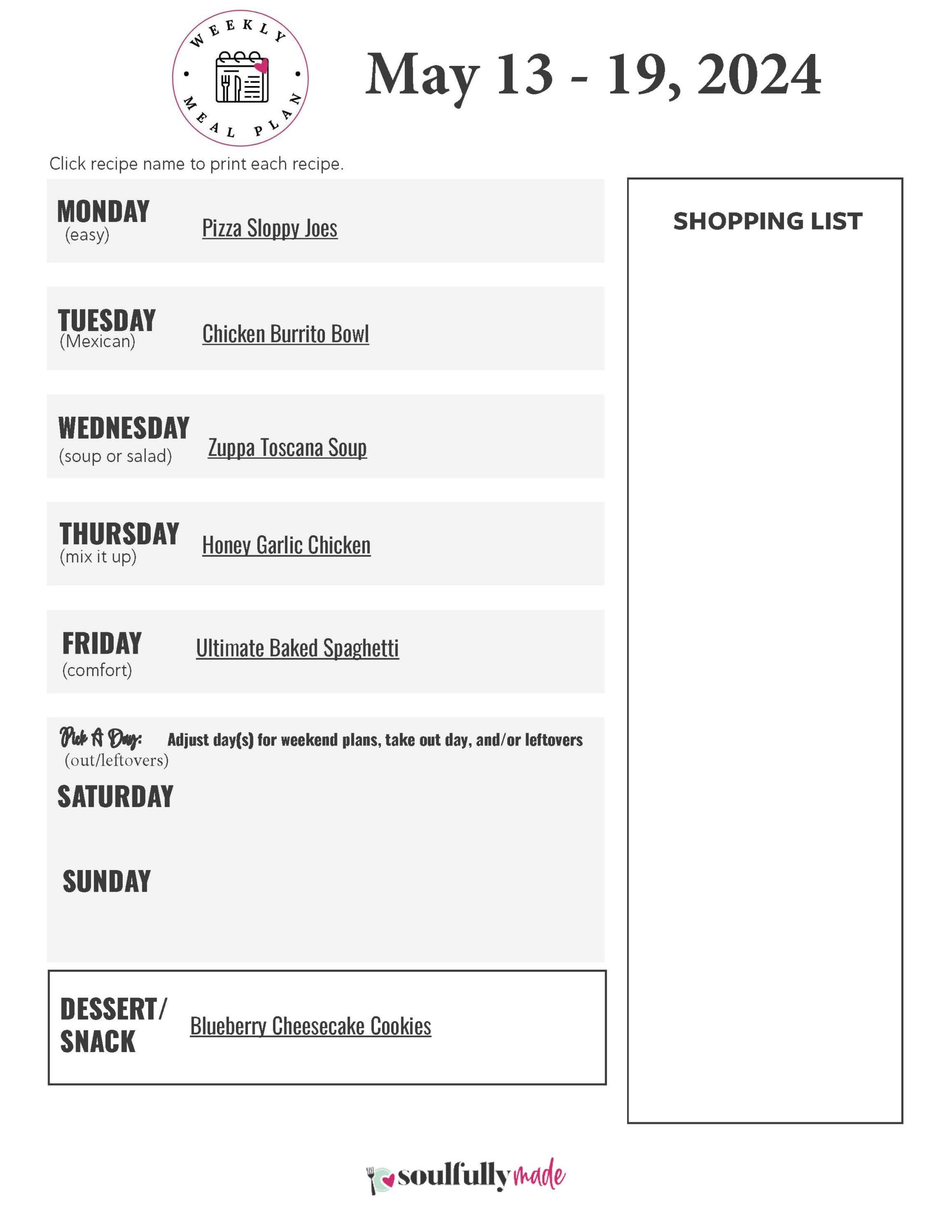 Meal plan list for week of May 13, 2024.