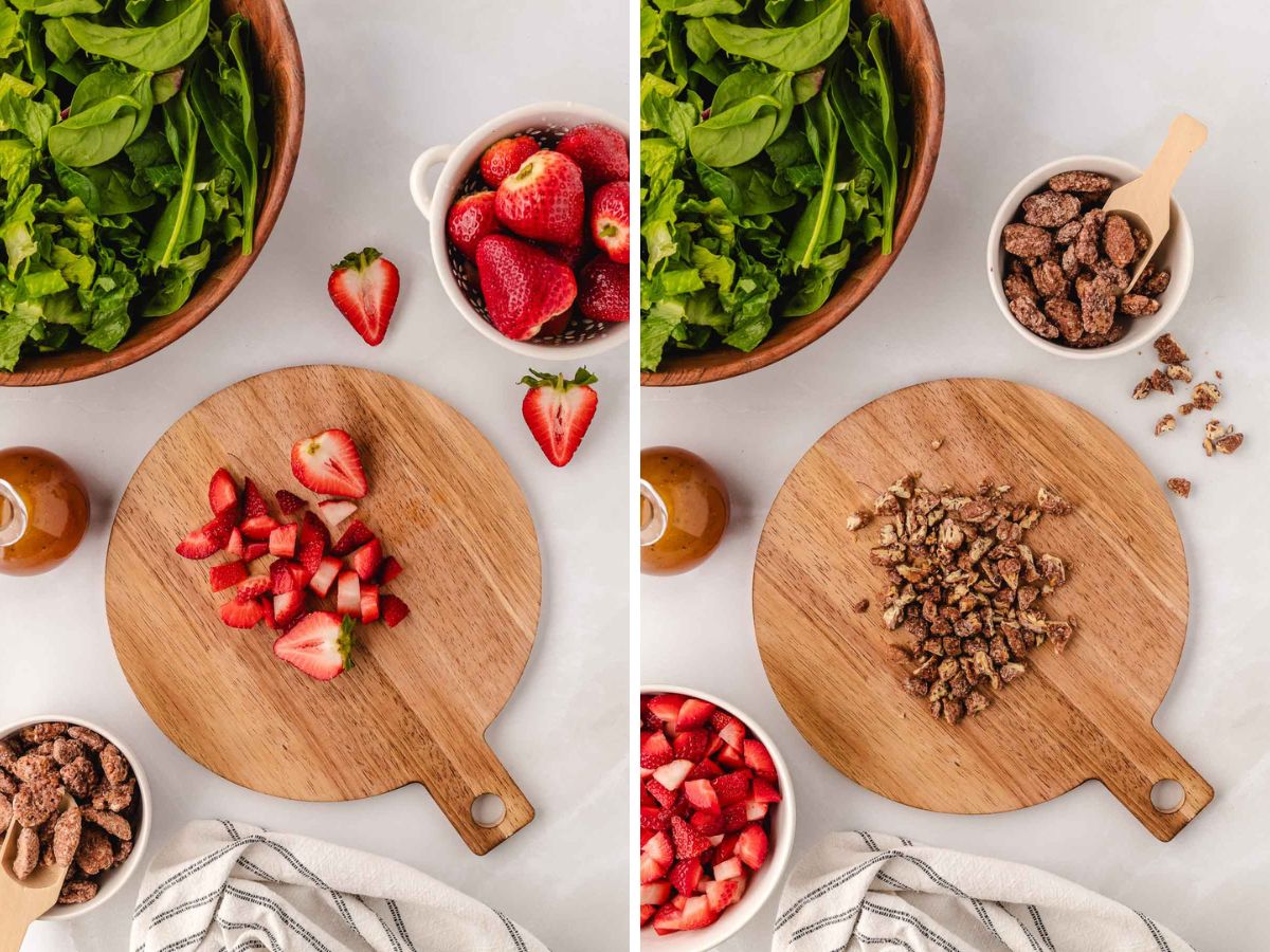 Wooden cutting boards with chopped strawberries and candied pecans.