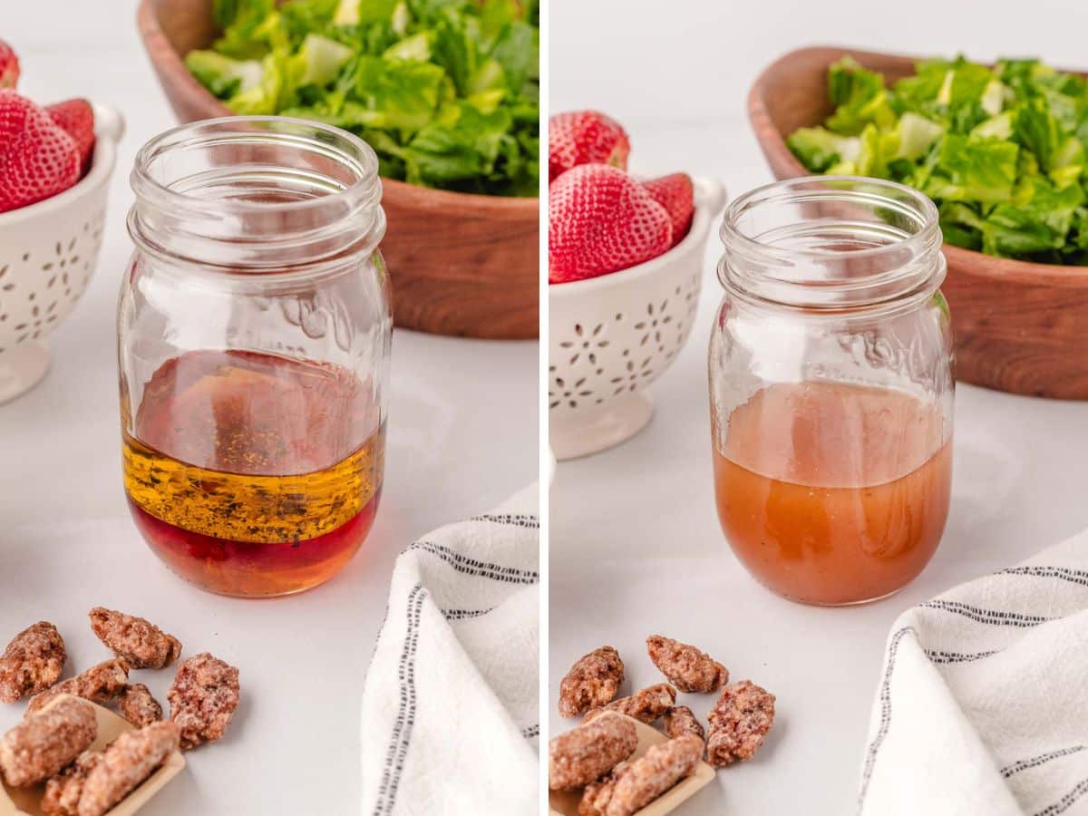 Honey red wine vinaigrette ingredients in a mason jar and then shaken together.