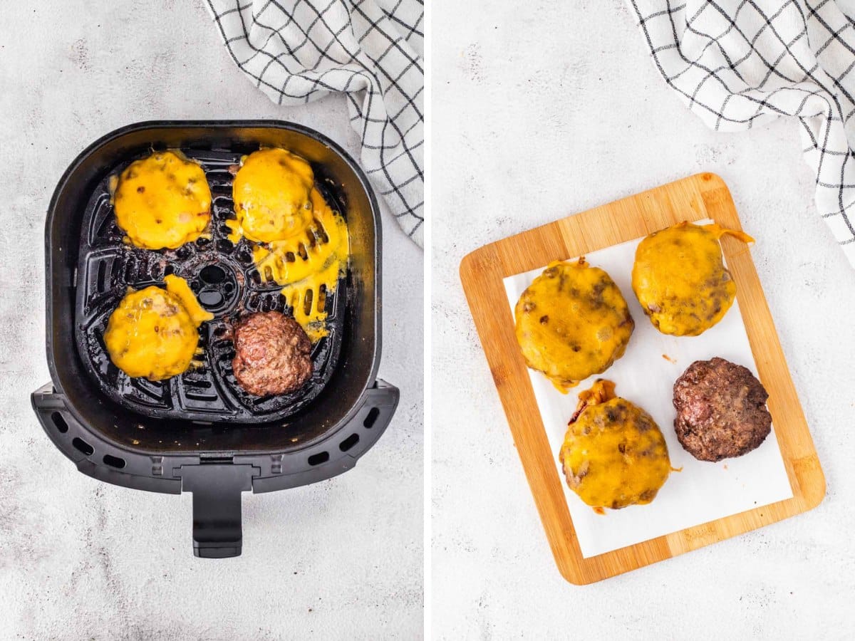 Cooked air fryer burgers with cheese added on top and place back in the air fryer to melt cheese.