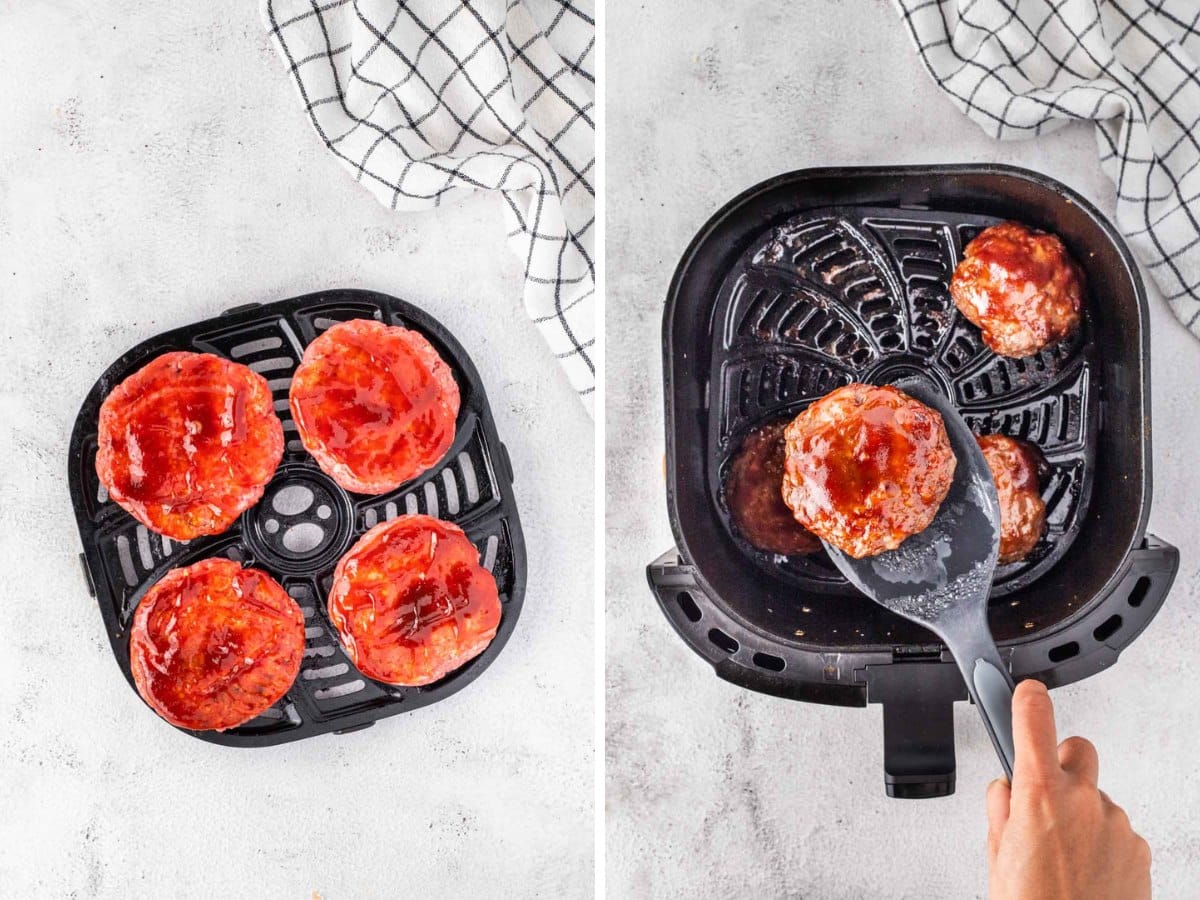 Hamburger patties added to the air fryer and cooked.