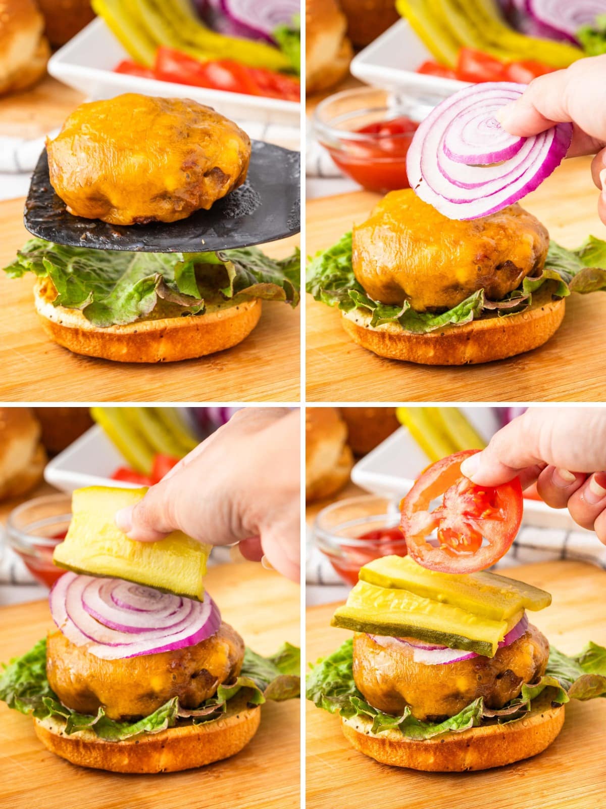 A collage image of a cheeseburger being added to a bun with condiments.