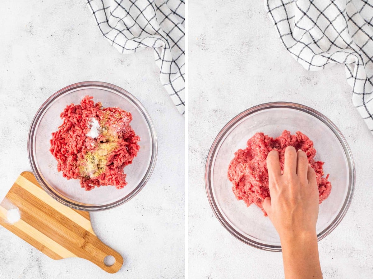 A glass bowl with ground beef and seasonings, then mixed together.