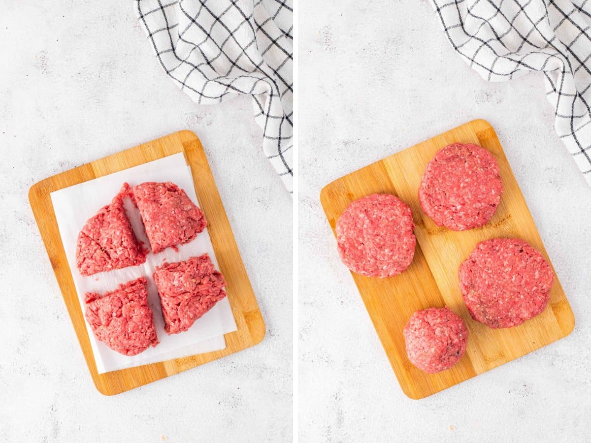 A collage image of a pound of ground beef mixture divided in four and then patted out on a wooden cutting board.