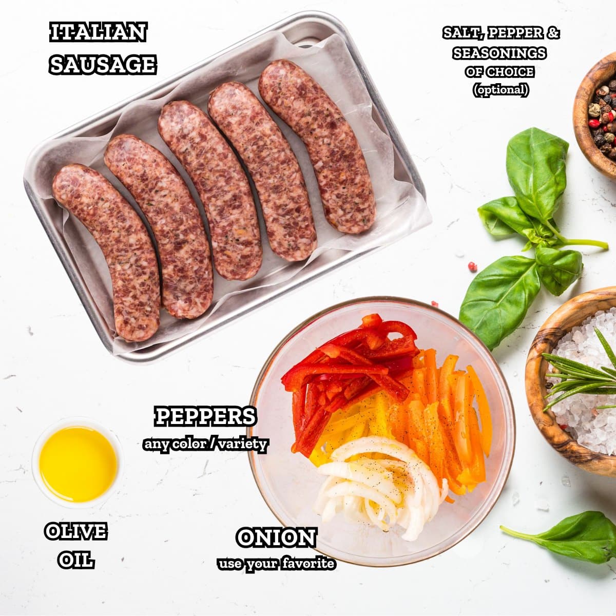 Image of labeled ingredients needed to make Italian sausage with peppers and onions in the air fryer.