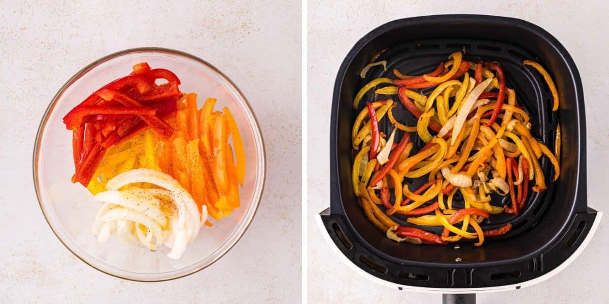 A collage image showing peppers and onions sliced in a bowl and then cooked in basket air fryer.