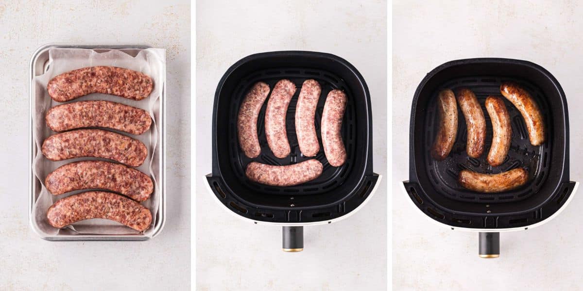 A collage image showing italian sausages added to air fryer basket and then cooked.