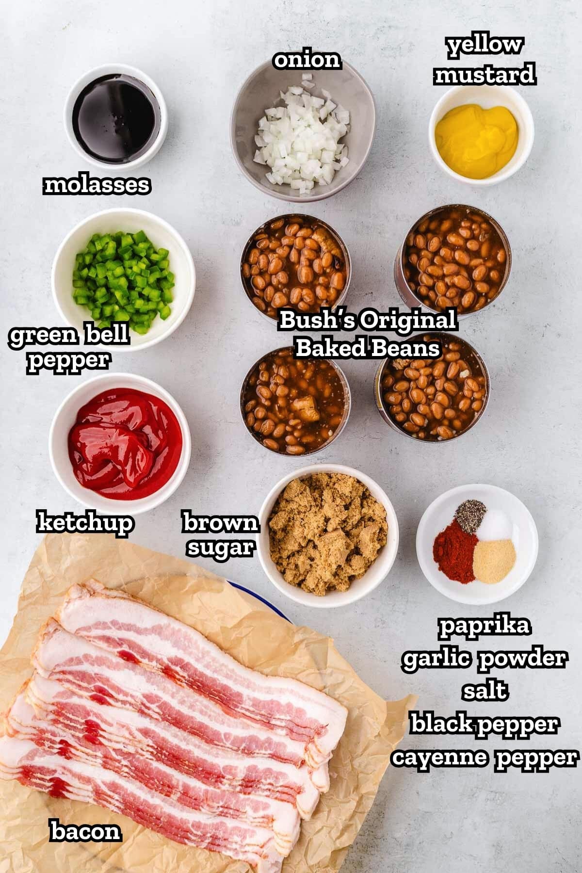 Labeled ingredients needed to make easy baked beans with bacon and brown sugar.