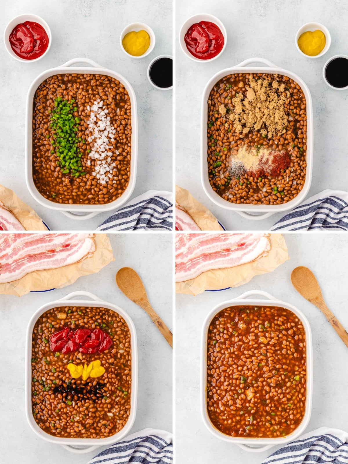 A collage image of beans in dish adding in ingredients to make baked beans.