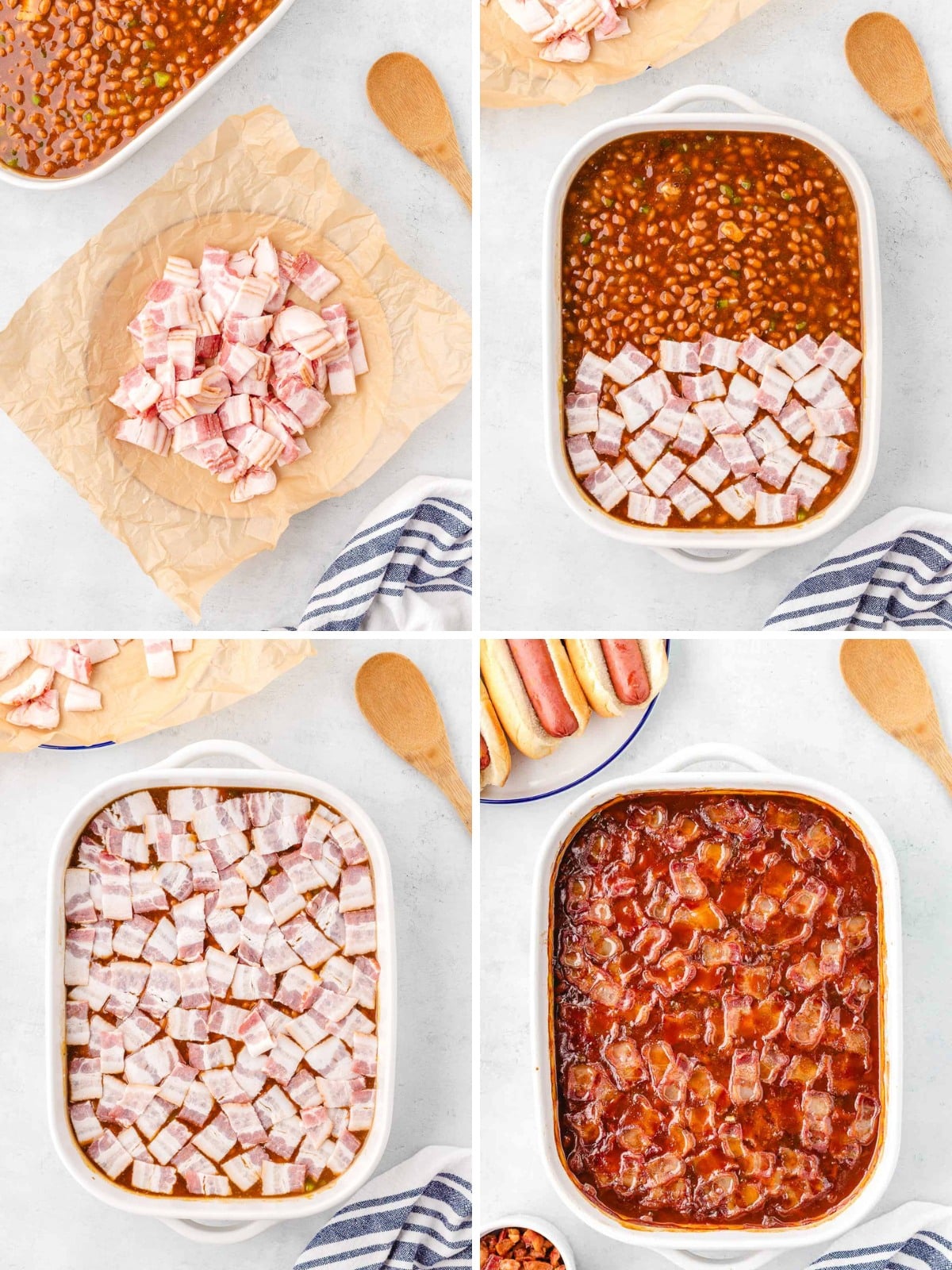 A collage image showing cutting bacon into bite-sized pieces, and topping beans in a 9 X 13 dish, then the baked beans after being cooked.