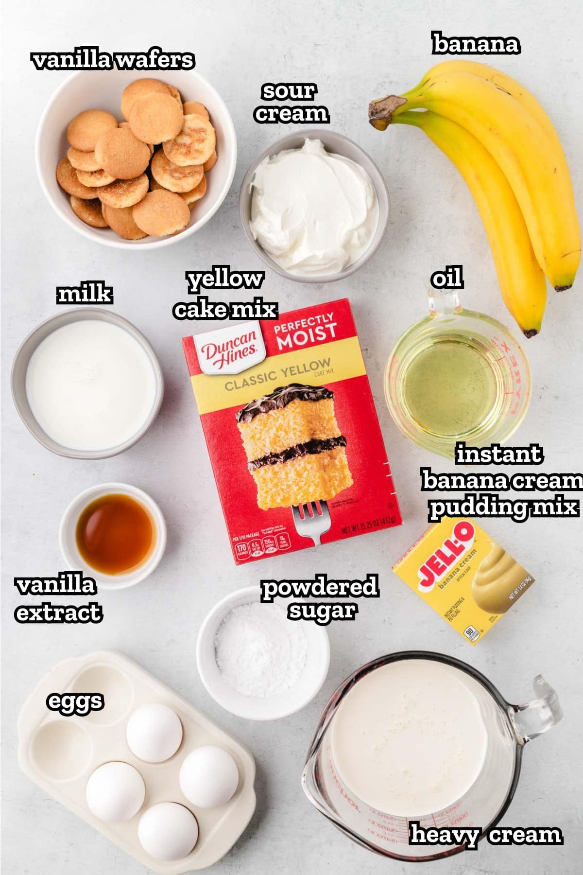 A labeled image of ingredients needed to make an easy banana pudding cake.