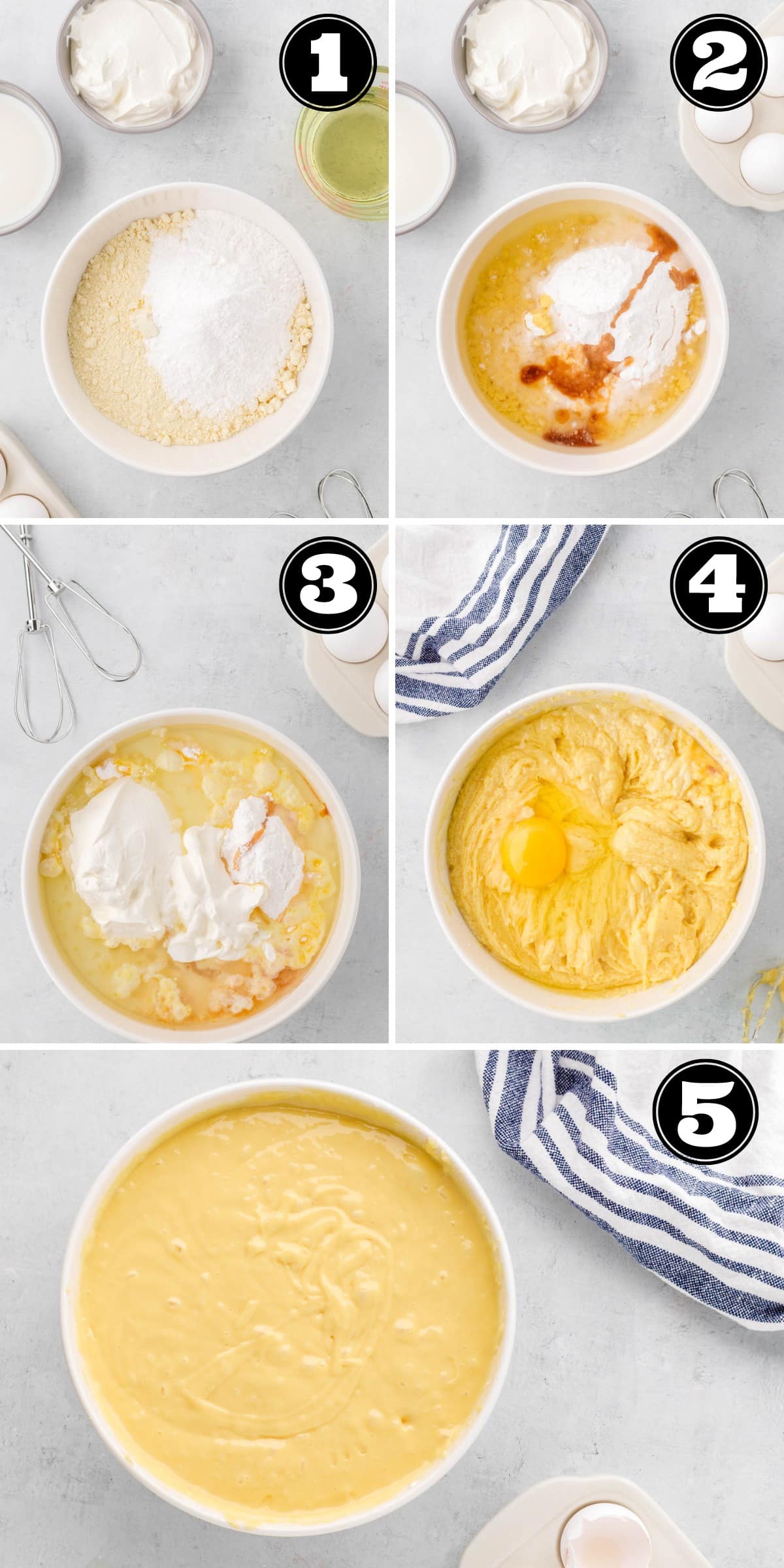 Collage image showing adding cake batter ingredients to a bowl and mixing until combined.