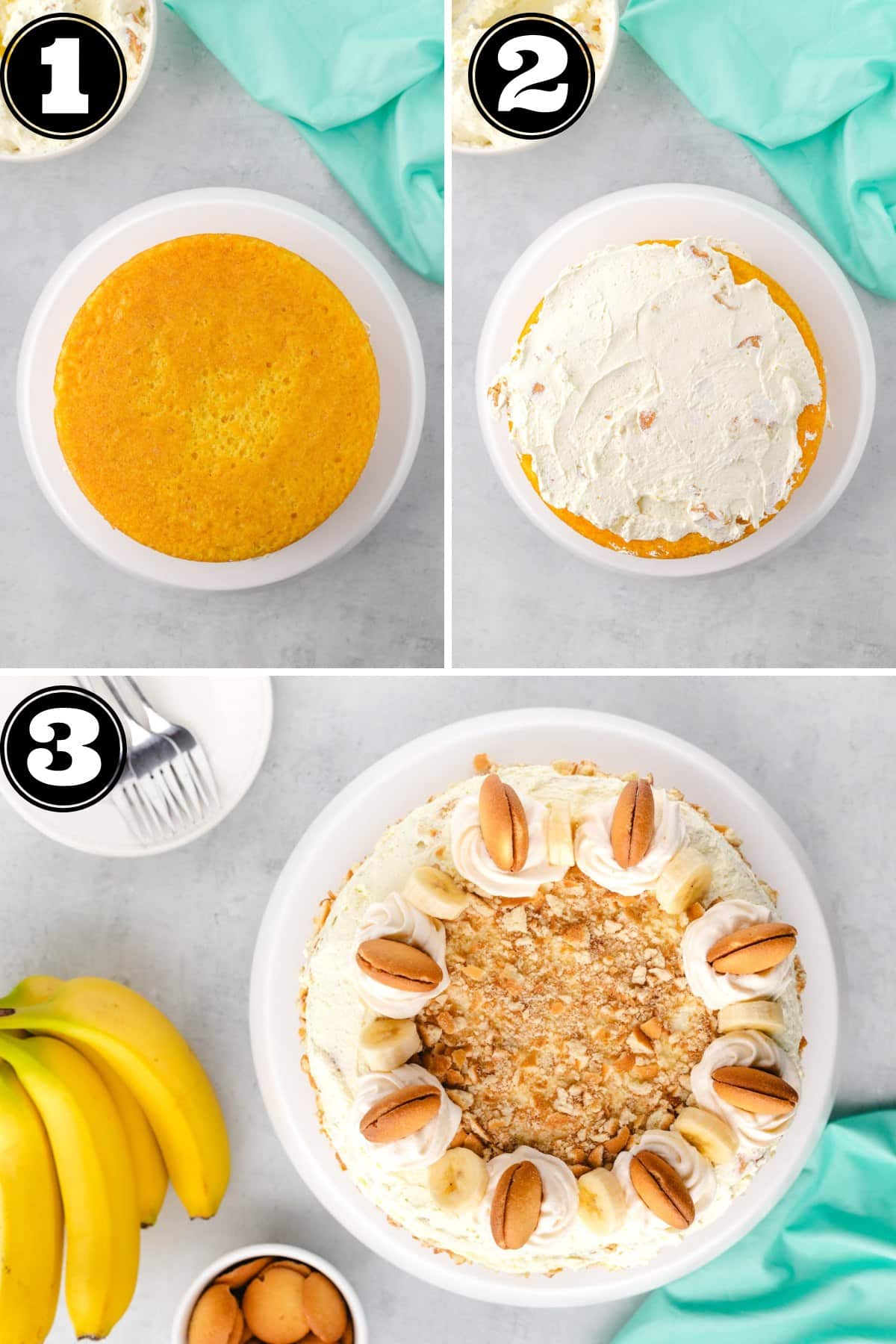 Collage image showing steps to ice and decorate banana pudding cake.