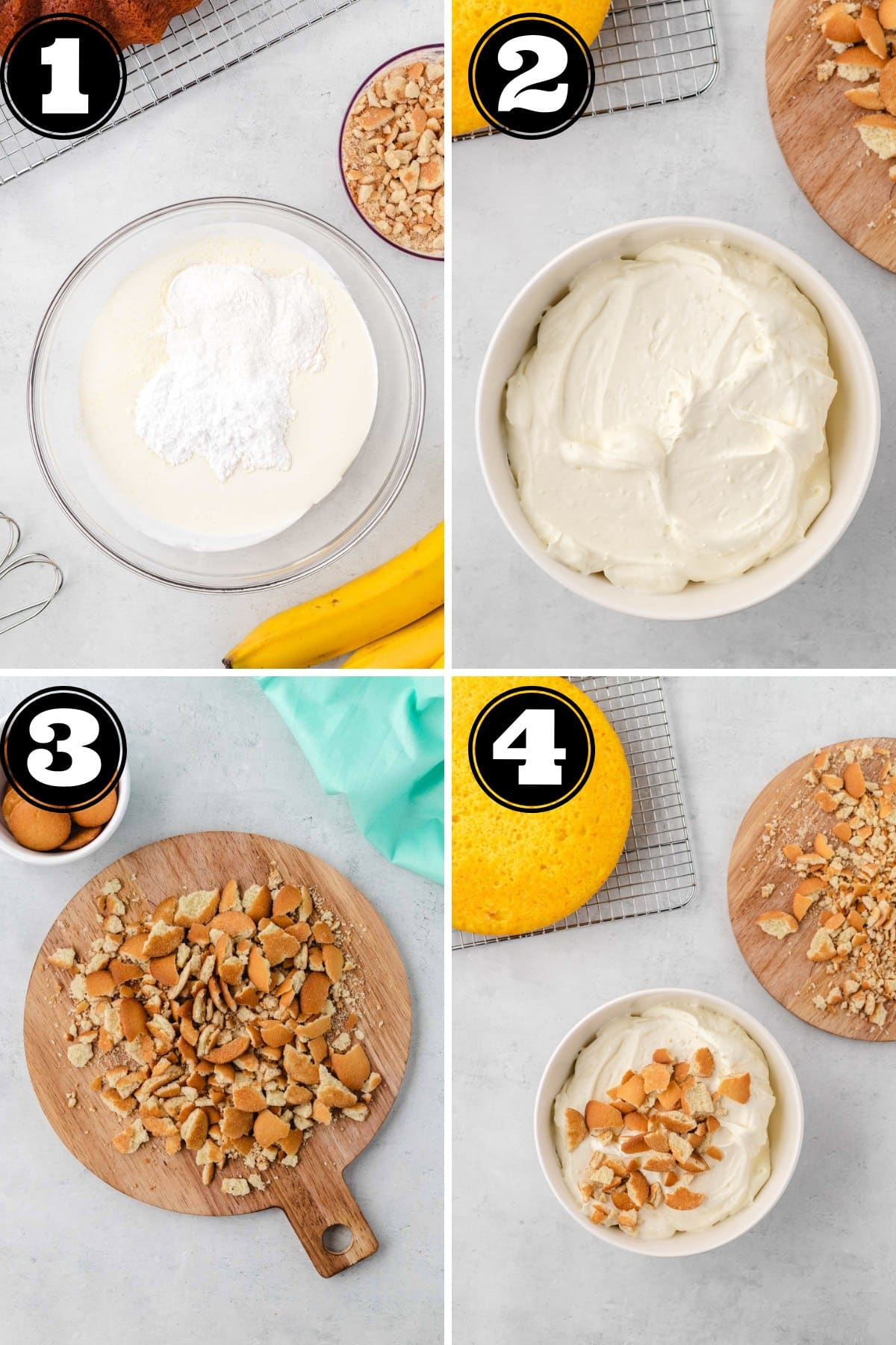 Collage image showing steps to make whipped cream icing, chopping vanilla wafers and adding to icing.