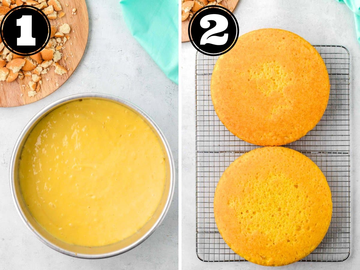 Collage image showing steps to add batter to round baking pan and then cooling baked cake on wire rack.