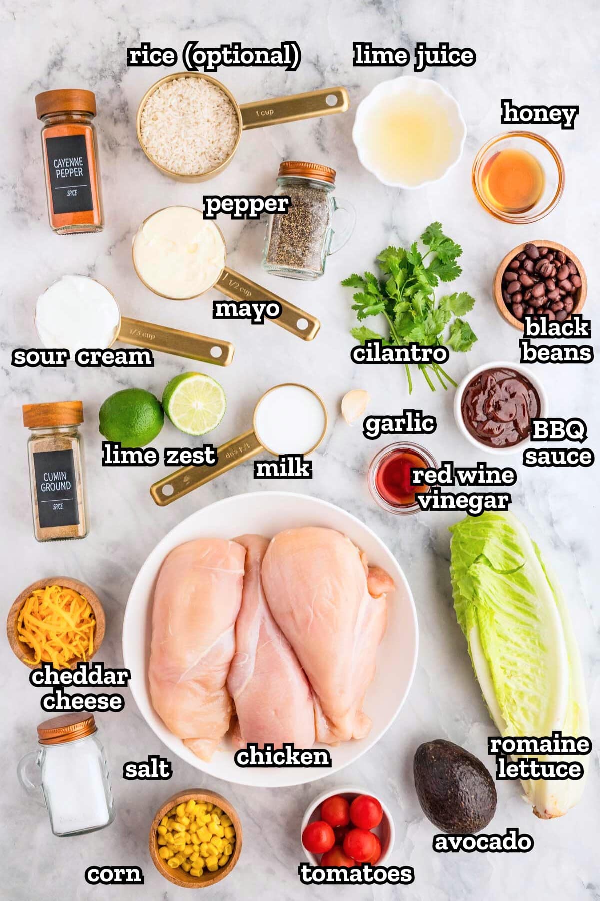 Labeled ingredients need for BBQ chicken salad recipe.