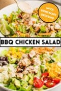 A 3 image collage for BBQ chicken salad, on is tossed the other is not.