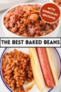 A e image collage of a bowl of baked beans on top and a serving plated with a hot dog below.
