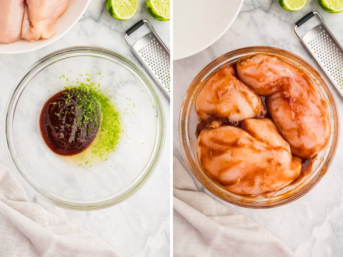 A collage image of bbq sauce, lime juice and zest in a bowl and then chicken marinaded in the sauce.