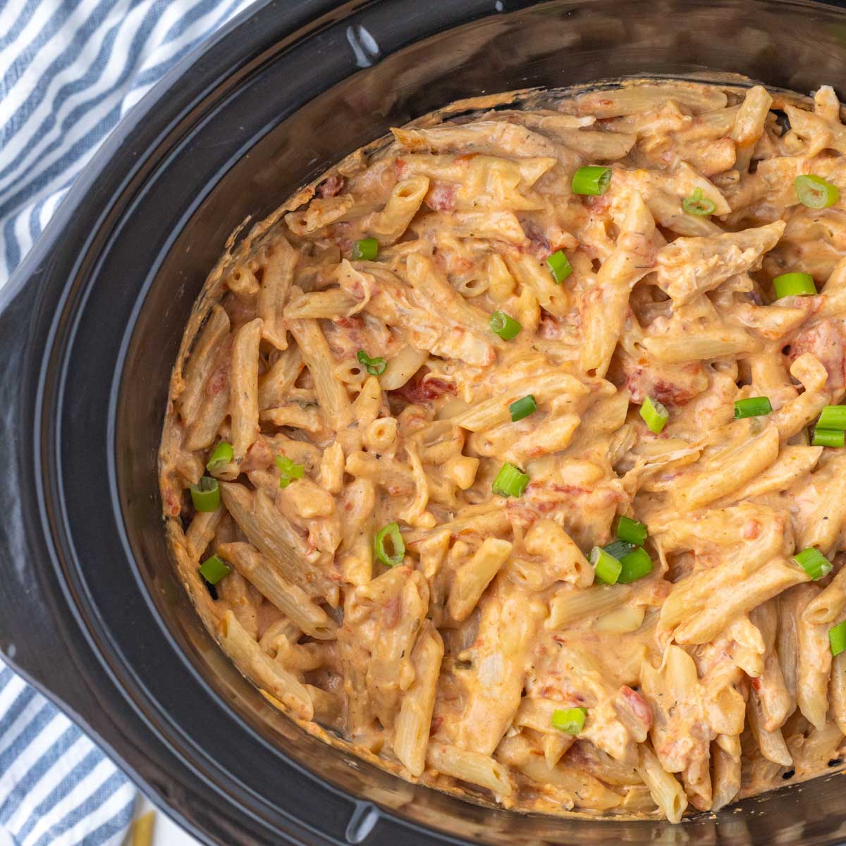 Buffalo chicken pasta in the slow cooker.