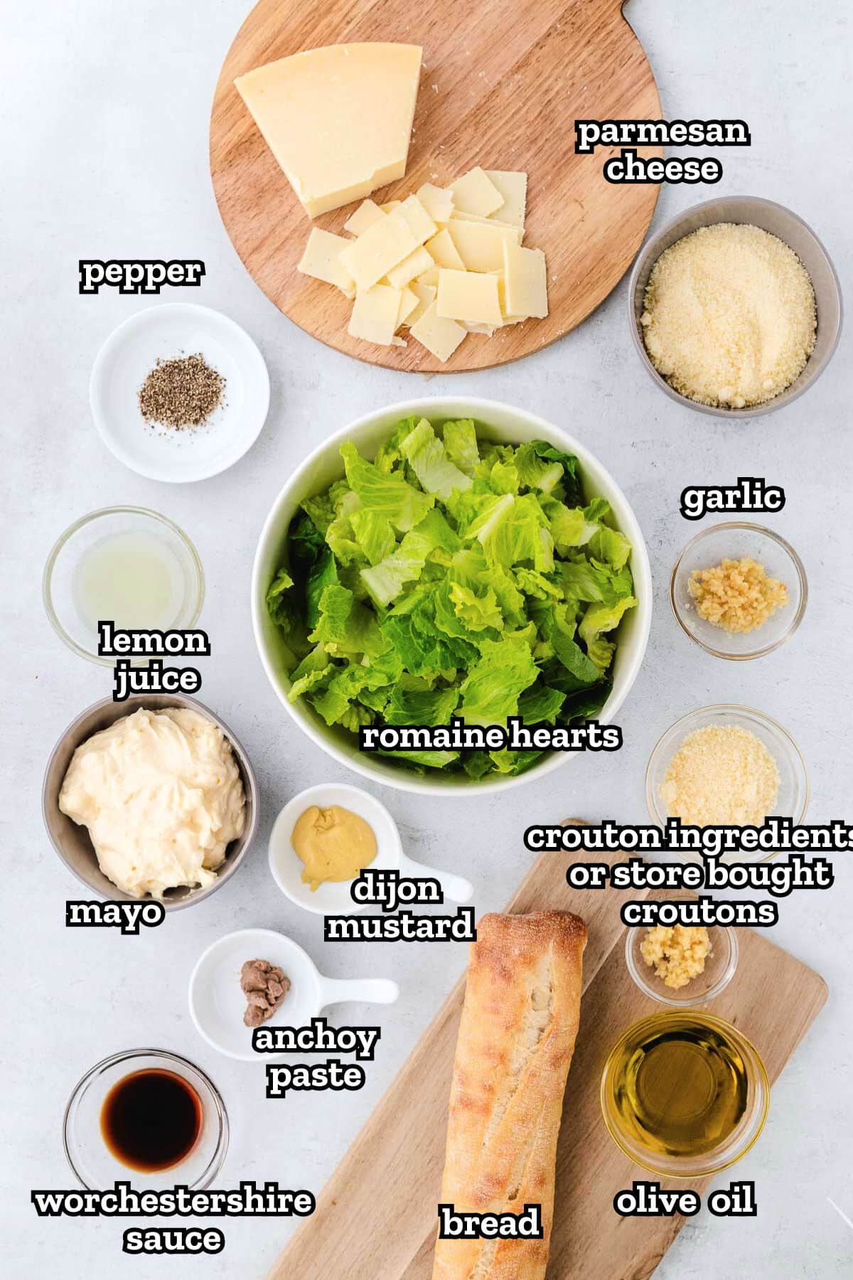 Labeled ingredients needed to make Caesar Salad with Homemade Caesar Dressing