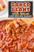 Baked Beans recipe with bacon and a wooden spoon digging in.